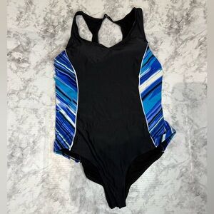 CATALINA Black w Blue One Piece Swimsuit Size XL (16/18) Padded Bra Back Clasp